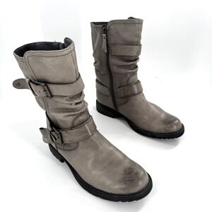 Earth Everwood Moto Biker Boots Women's Sz 9B Ash Grey Leather Buckle Distressed
